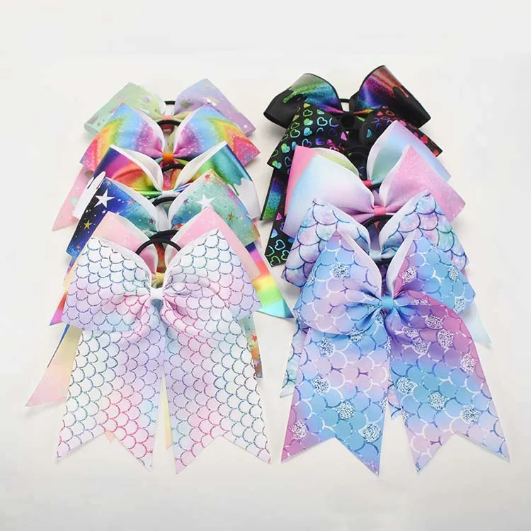 1pcs/lot 7 &quot colorful ribbon pattern With Elastic Band Handmade girl Headwear Cheer Bow Hair Bands | Дом и сад