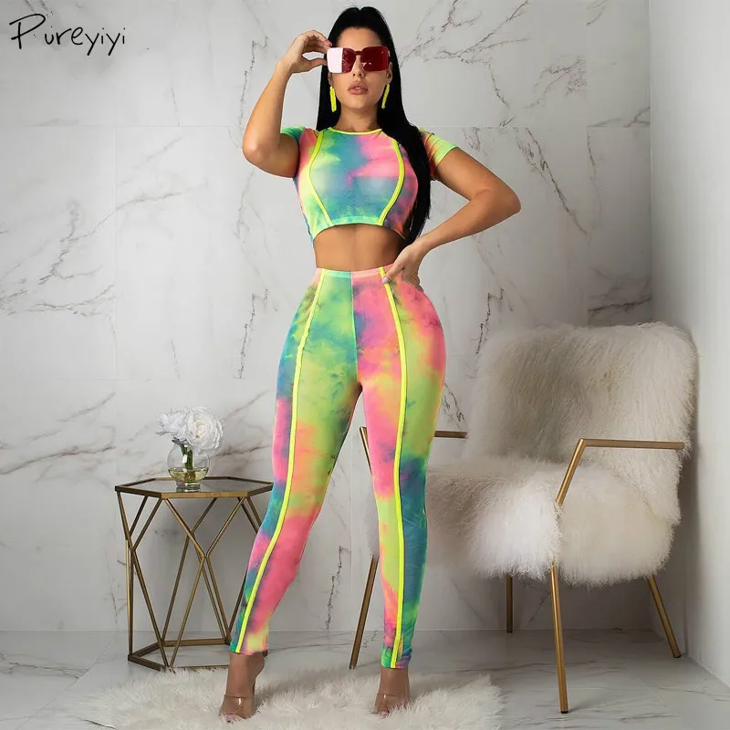 Yoga Sets Woman Sportswear Short Sleeve Crop Tops High Waist Skinny Leggings Summer Female Print Patchwork Casual Clothes |