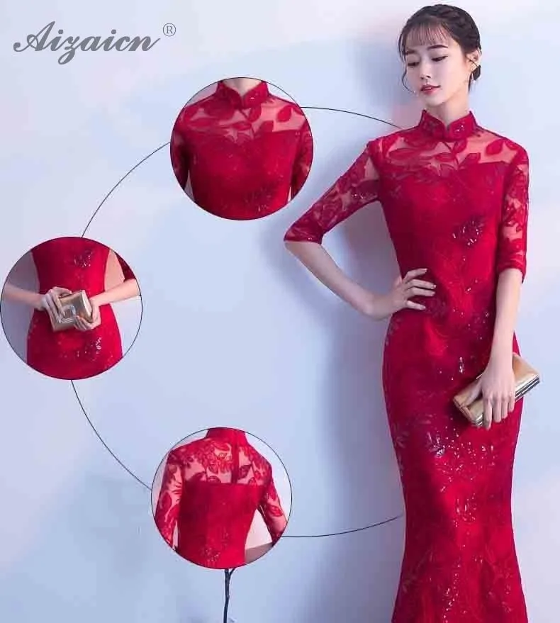 Современный красный Русалка длинное Cheongsam сексуальное Qi Pao женское традиционное китайское свадебное платье Qipao восточные невесты элегантные вечерние платья