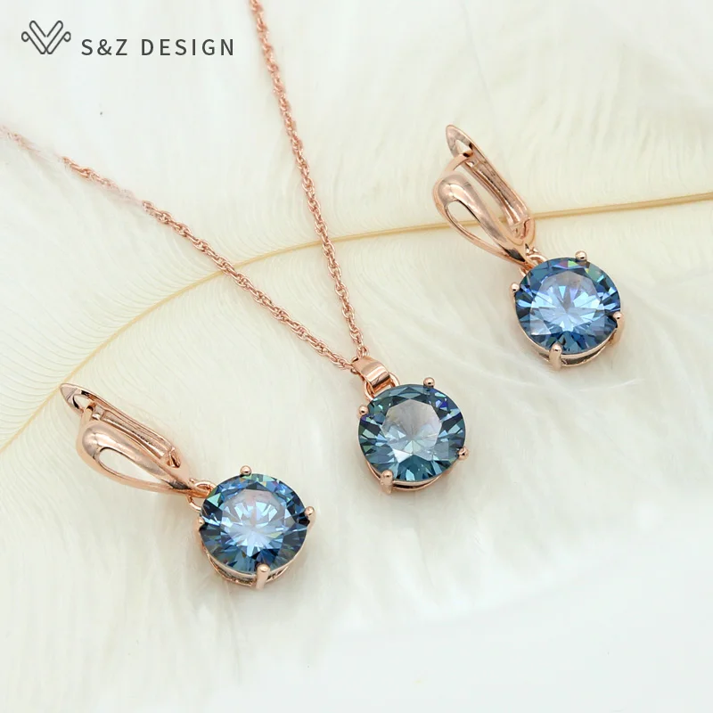 ink blue S& Z классический большой круглый кубический цирконий Висячие серьги ювелирный набор 585 розовое золото для женщин девушек свадебный подарок - Окраска металла: ink blue