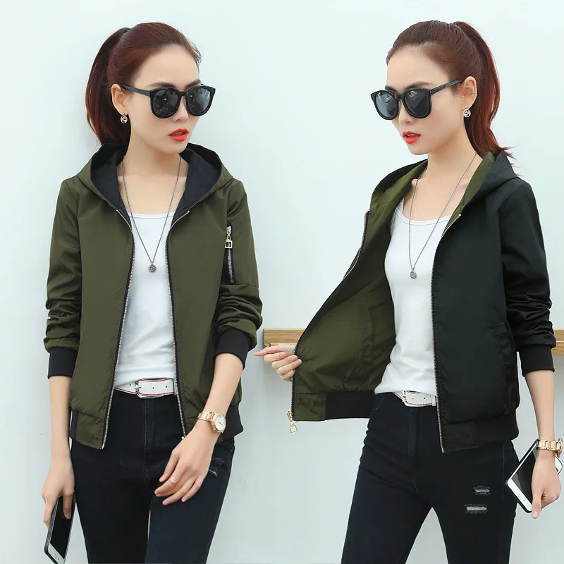 

Spring and autumn new women's jacket jacket hooded Slim two sides wearing simple versatile baseball uniform jacket JQ234