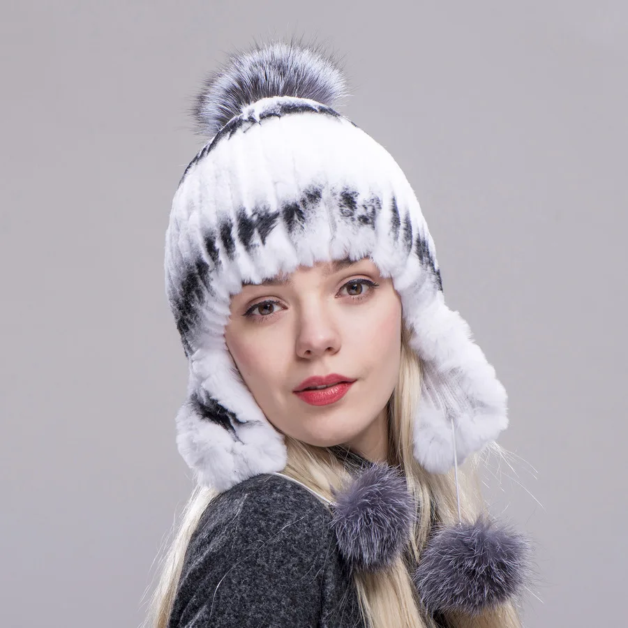 ZDFURS* меховая шапка для женщин, настоящий мех кролика, шапки, мех серебристой лисы, помпон, вязанные шапки-бобы, новинка, Высококачественная женская меховая шапка