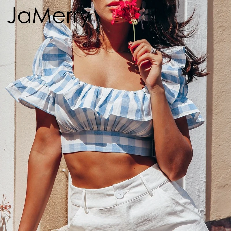 JaMerry Винтаж пикантные плед рюшами укороченные для женщин летняя майка короткий