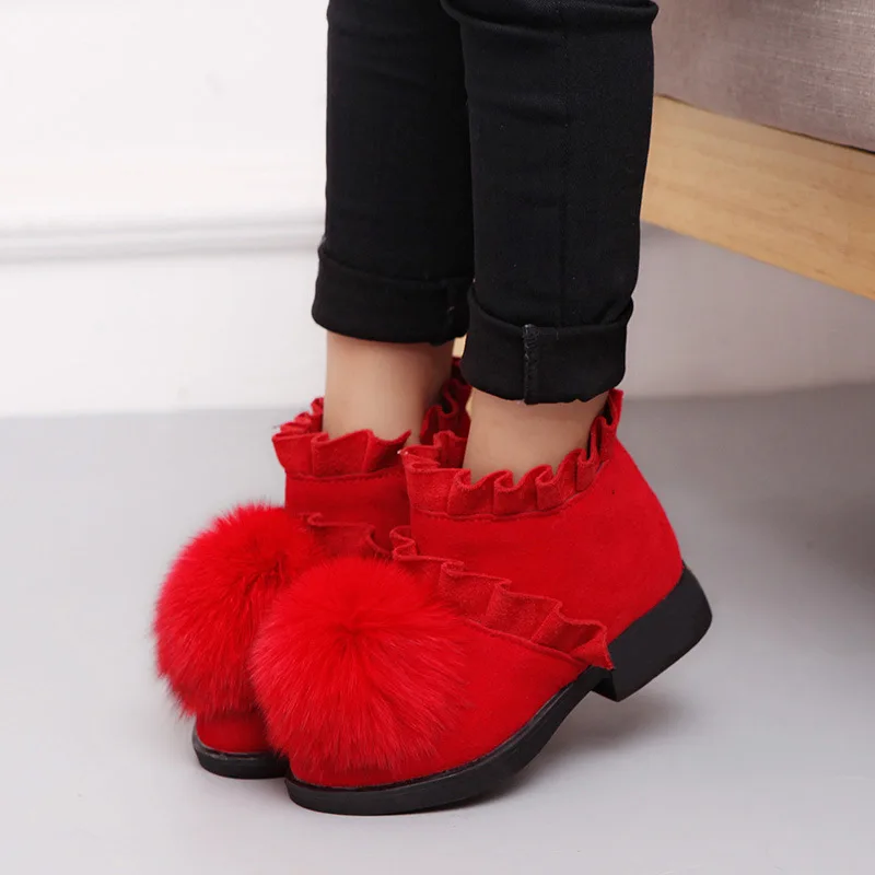 

JGVIKOTO Cute Autumn Winter Rubber Boots For Children Flock Fabric With Soft Pompom Ruffles Flouncing Warm Cotton Girls Boots