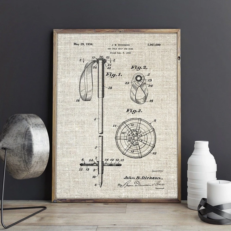 Лыжные палки патент печати зимние лыжные Wall Art Холст Картина снег Лыжный Спорт Плакаты домашний винтажный Декор план подарок спортивный идея