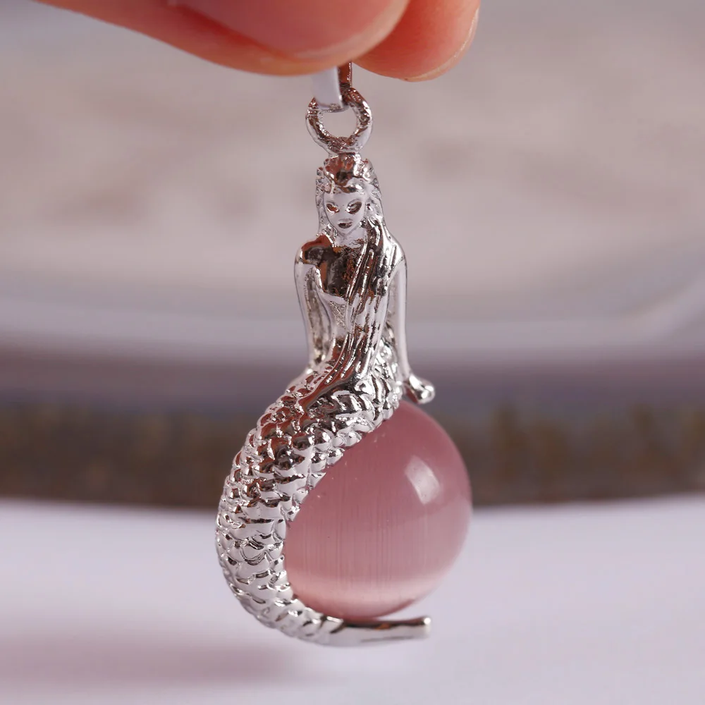 Pink Cat eye Ожерелье натуральный камень 16 мм Круглый кошачий глаз из бисера Азурит подвеска в виде русалки 1 шт - Окраска металла: Pink Cat eye