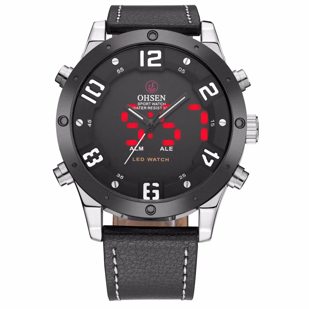 Часы наручные OHSEN Мужские кварцевые с кожаным ремешком брендовые модные цифровые