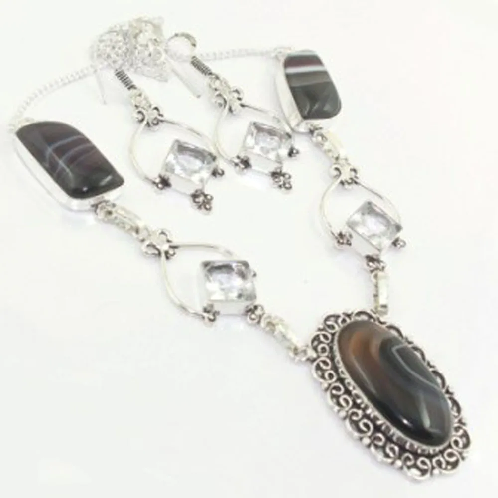 

Botswana Agates & White Topas Necklace Earing Silvers Overlay over Copper , 52 cm, N3024