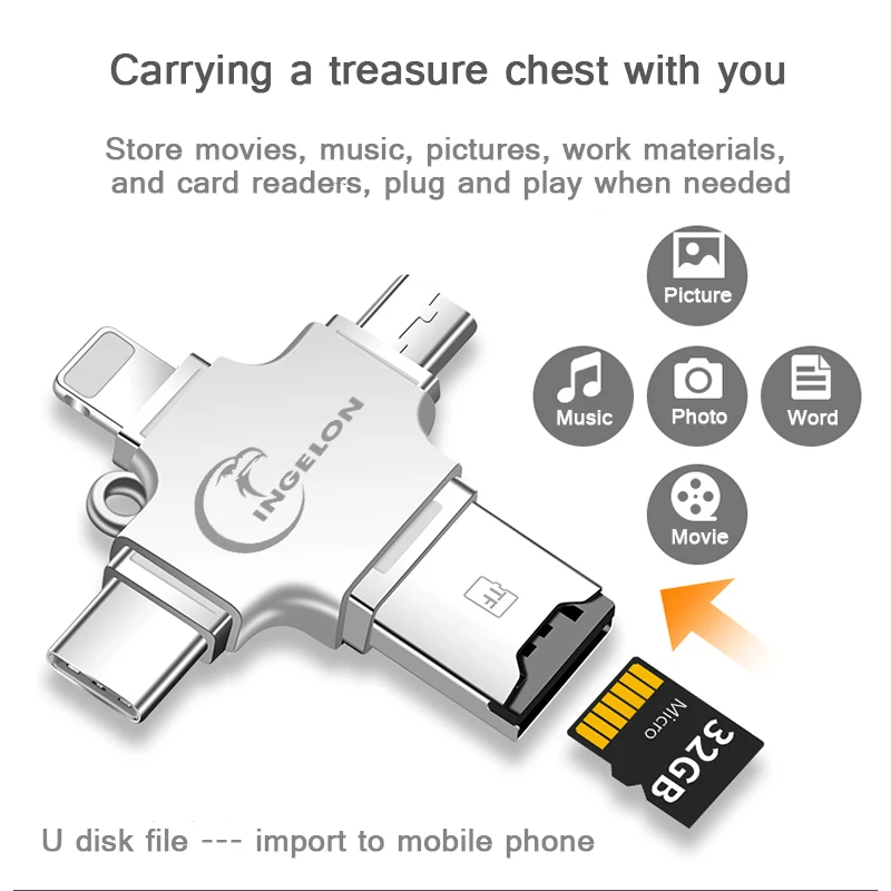 Металлический кард-ридер Ingelon, карта памяти microsd, адаптер OTG для iphone ios 6, 7, 8 x, микро-телефон Android, компьютерный кард-ридер