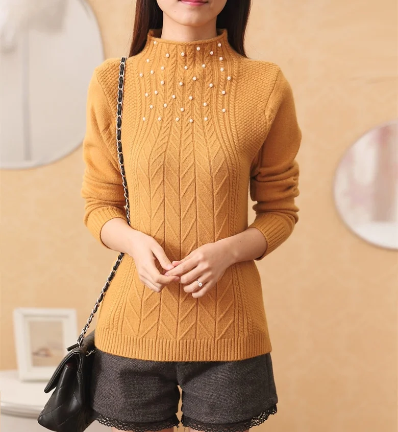 

The 2020 women's new nail bead semi turtleneck core spun yarn knitted sweater