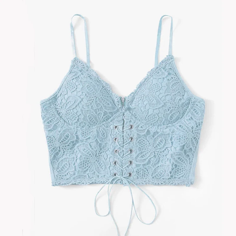 Light Blue Сексуальный Кружевной топ с открытой спиной, женский короткий топ, Повседневный, однотонный, черный, на шнуровке, летний, пляжный, Boho, Женская майка, топ - Цвет: Light Blue