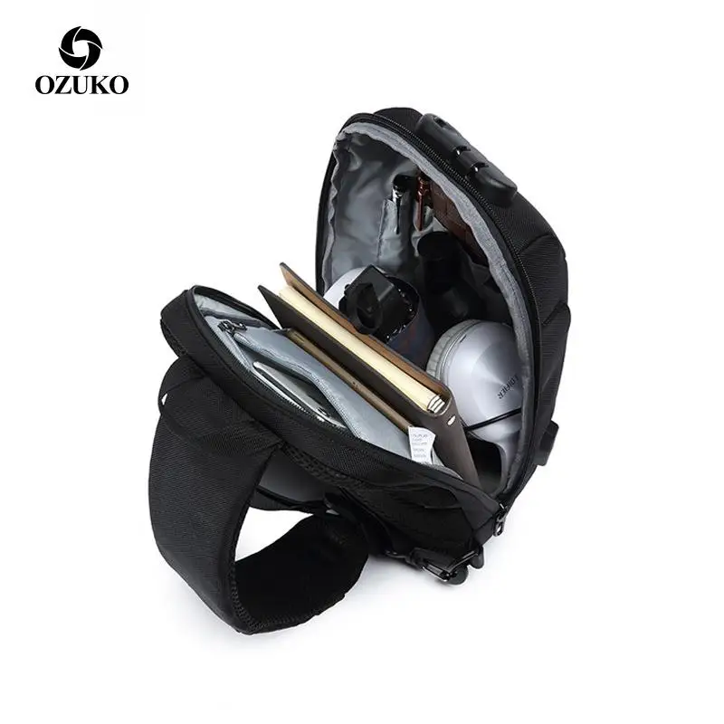 Ozuko new chest bag USB burglar men's Korean version leisure one-shoulder waterproof Oxford cloth password |