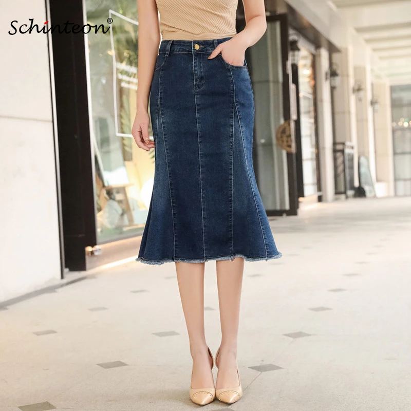 

Schinteon Women Denim Trumpet Mermaid Skirt Spring Autumn Jeans Bodycon Size 38 40 Skirt Fashion High Quality New