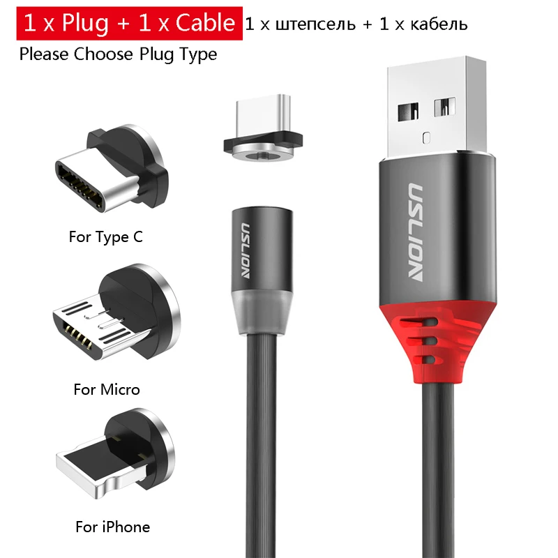 Black USLION 1 м светодиодный магнитный кабель mi cro usb type c кабель для зарядки 2.1A type-c кабель для Xiaomi mi 9 samsung S9 магнитное зарядное устройство - Цвет: Black