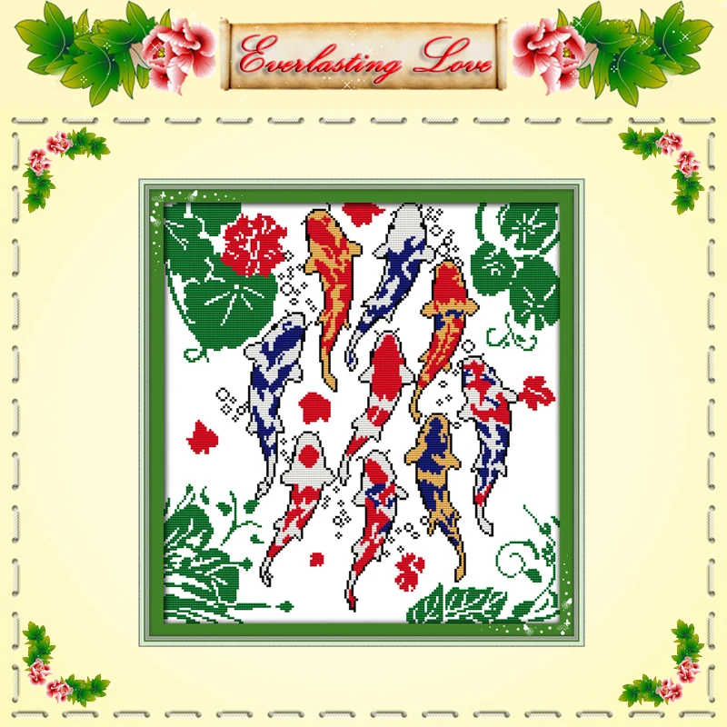 Девять карпов плавание животные живопись китайский вышивки - Цена: 