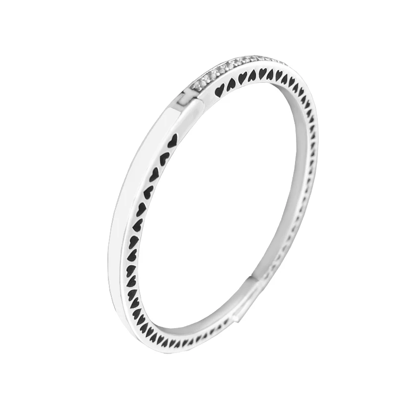 

Radiant Hearts Bangles with Silver Enamel and Clear Cubic Zirconia 100% 925 Sterling-Silver-Jewelry Free Shipping