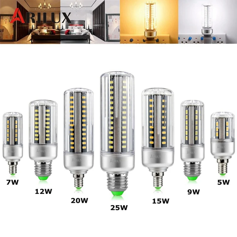 Светодиодная лампа ARILUX E27 E14 5 7 9 12 15 20 25 5736 SMD алюминиевая без мерцания кукуруза 85 265