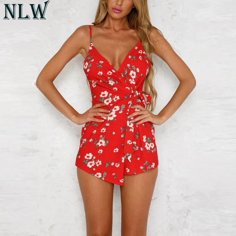 NLW Red Floral Print Romper Summer Wrap Overalls Short Jumpsuit Women Girl Bodysuit Coveralls Beach Backless Party Chic Playsuit | Женская