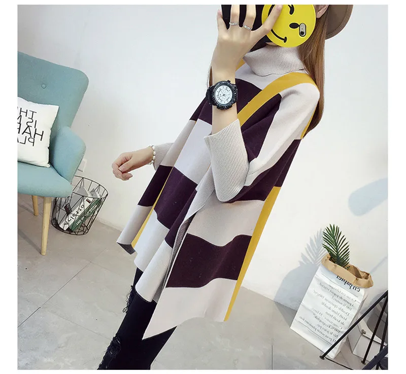 Korobov Plaid Panelled Turtleneck Capes Women Sweater Batwing Sleeve Loose Sueter Mujer Ponchos Autumn New Pullovers 51251