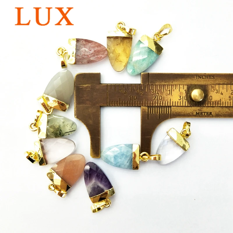 LUX Natural Gem stone Charm White quartz Labradorites Amazonites amethysts Tiny shield Faceted Pendant with Gold color Plated | Украшения и