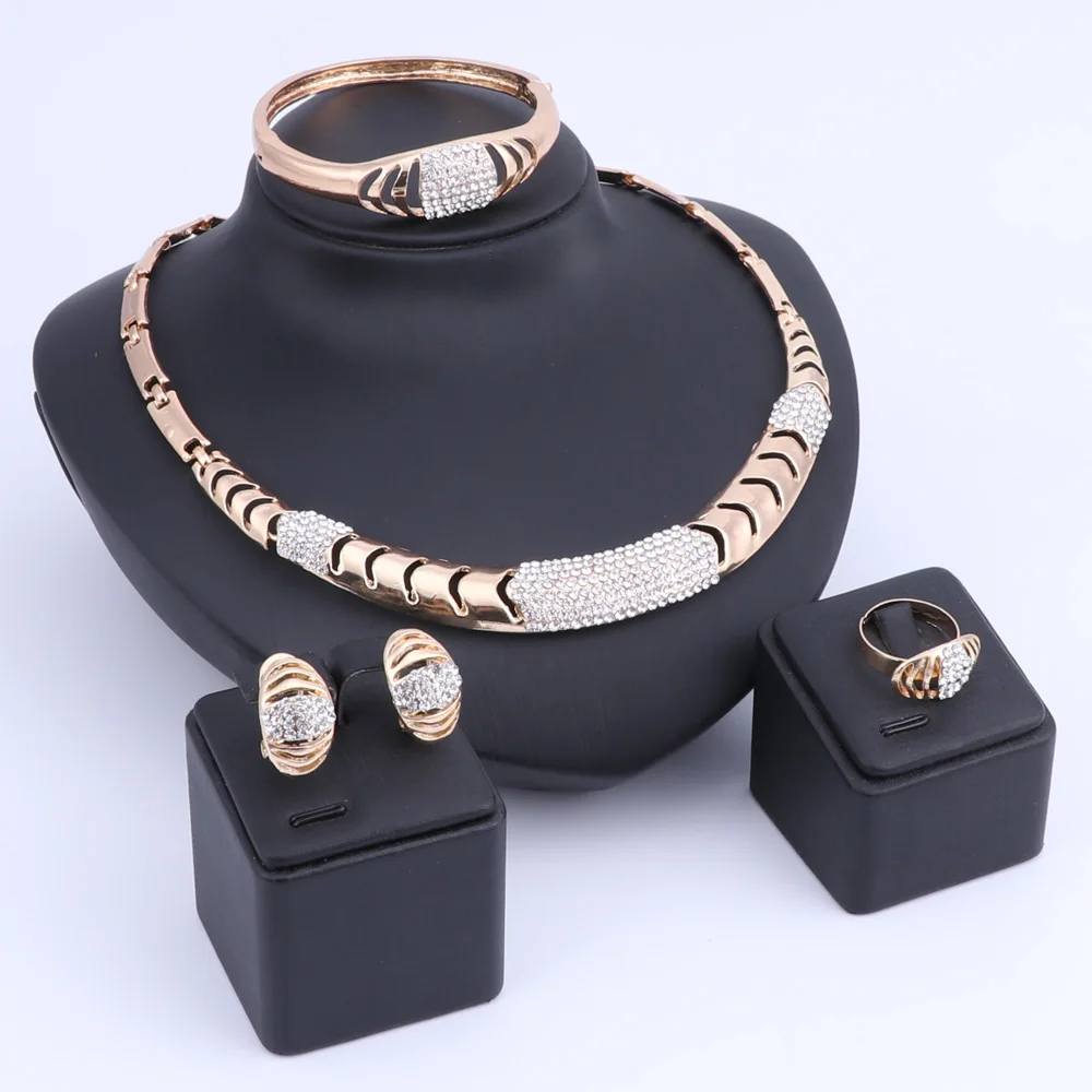 Women Dubai Gold Color Crystal Jewelry Sets Costume Design Brand Nigerian Wedding Necklace Ring Fashion African Beads | Украшения и