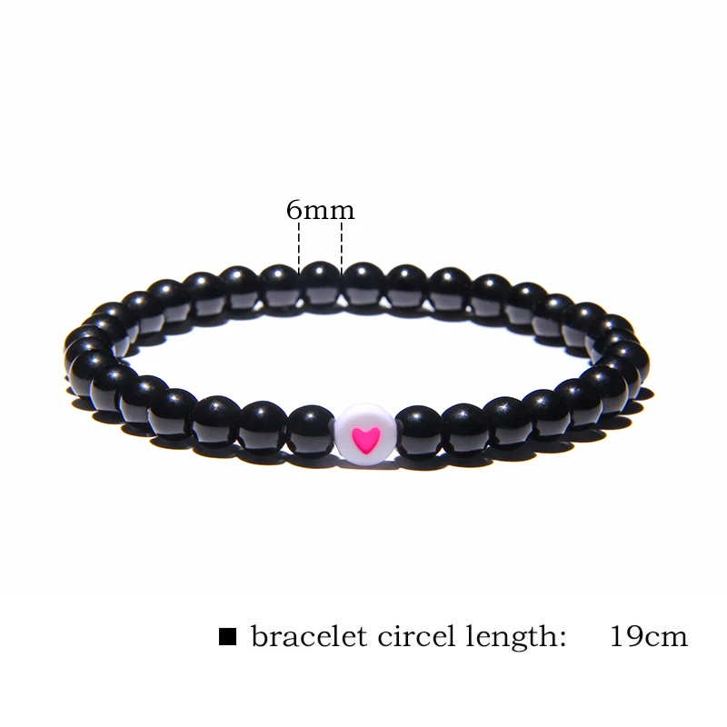 Pink Love Heart Round Flat Beads Woman Bracelets Natural Polished Black Gem Stone Beaded For Girl Friendship Bangles | Украшения и