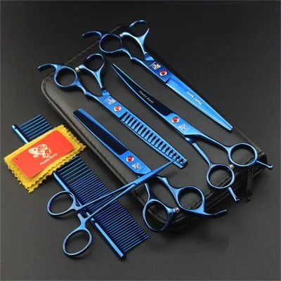 Blue PK-706 Профессиональные 7,0 дюймовые ножницы для ухода за домашними животными, наборы для собак, ножницы для стрижки волос, прямые и истончающие и изогнутые ножницы - Цвет: Blue PK-706