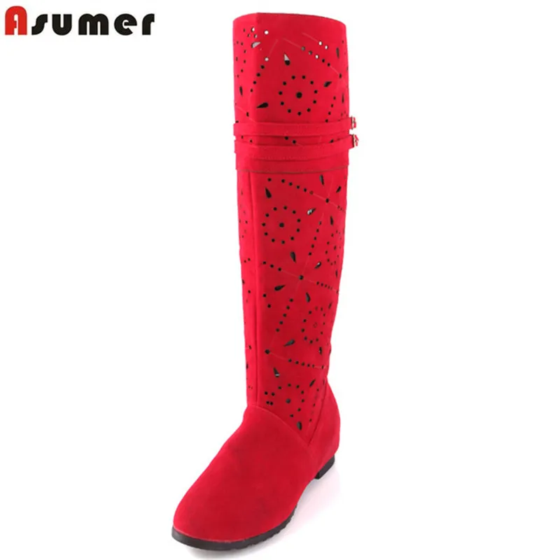 Женские ажурные сапоги до колена Asumer высокие на высоком каблуке летние