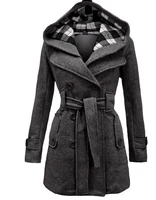 autumn elegant vintage office lady women overcoats slim plain belt girls winter gray female coats hooded double breasted 2xl 3xl