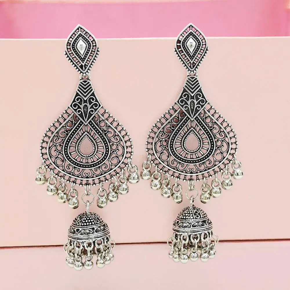 Окисленный Jhumka золотой цвет большой длинный колокольчик кисточка Висячие