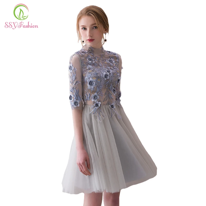 SSYFashion/Новые Элегантные Короткие коктейльные платья с высоким вырезом серый