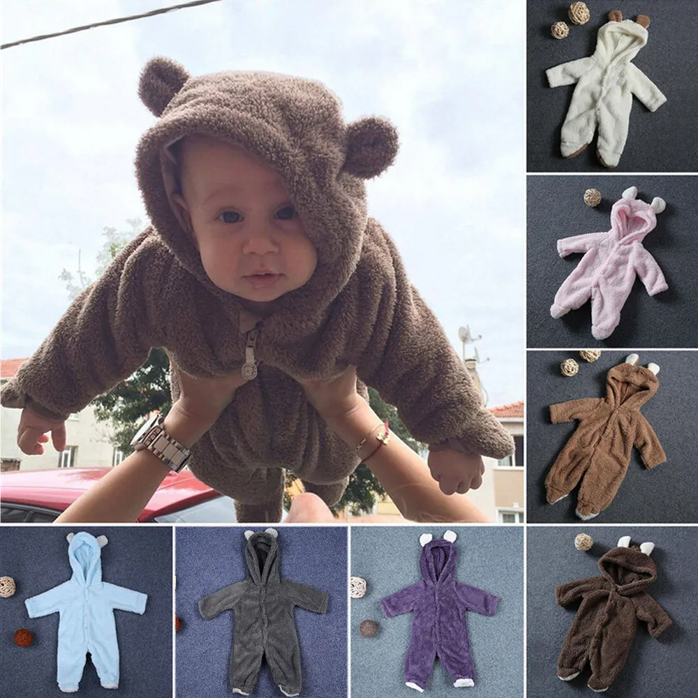 Newest Cute girls boys autumn winter rabbit ear Newborn Baby Boy Girl Thick Footies Hooded Jumpsuit Outfits Clothe warm lovely | Детская