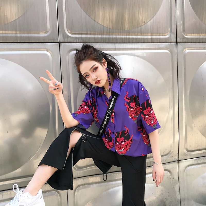 Harajuku модные короткий рукав Для женщин рубашки хип-хоп дьявол глава жуткий мультфильм печати рубашки хлопковые свободные средней длины летние рубашки