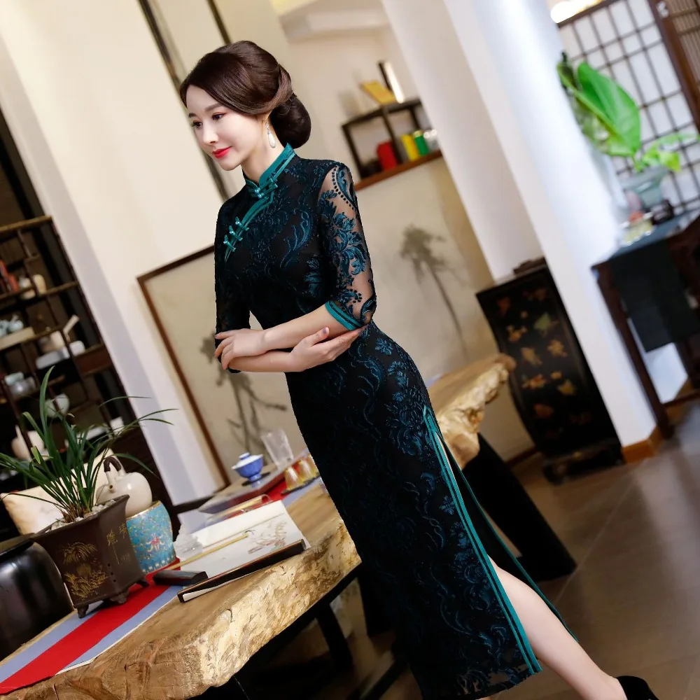 Черное кружевное китайское свадебное платье для женщин Cheongsam тонкое китайское традиционное платье женское длинное платье Ципао для свадебной вечеринки