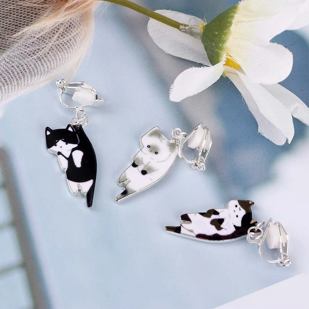 1 pair Japanese style Fashion Cute Cat Earrings White Black Hang Enamel Piercing Ear Clip women girls Stud | Украшения и
