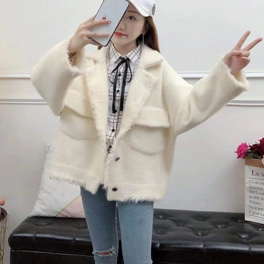 Зимние модные розовые куртки с длинным рукавом женские свободные свитера