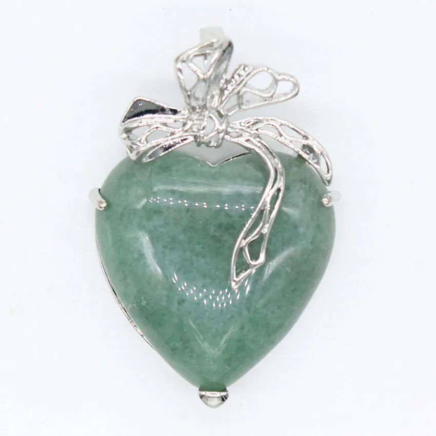 

Trendy-beads Elegant Style Love Heart With Silk Ribbon Natural Green Aventurine Pendant Silver Plated Jewelry