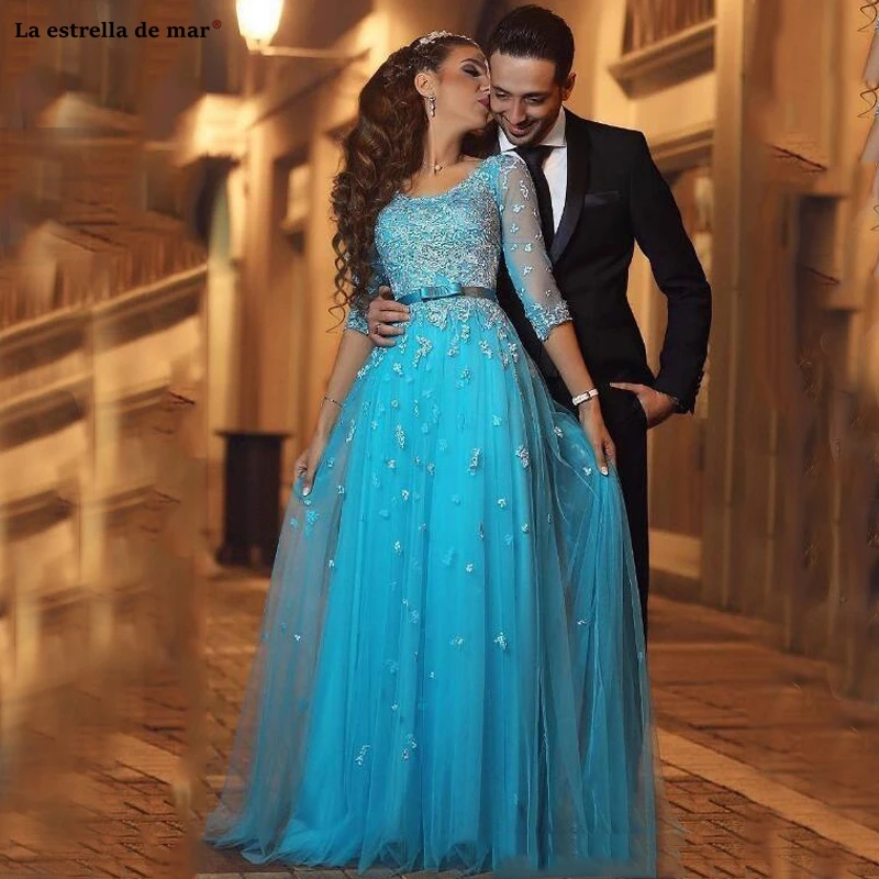 

Robe de bal longue2021 new lace crystal long sleeves ALine sexy see turquoise dress dress plus size black girl prom dress