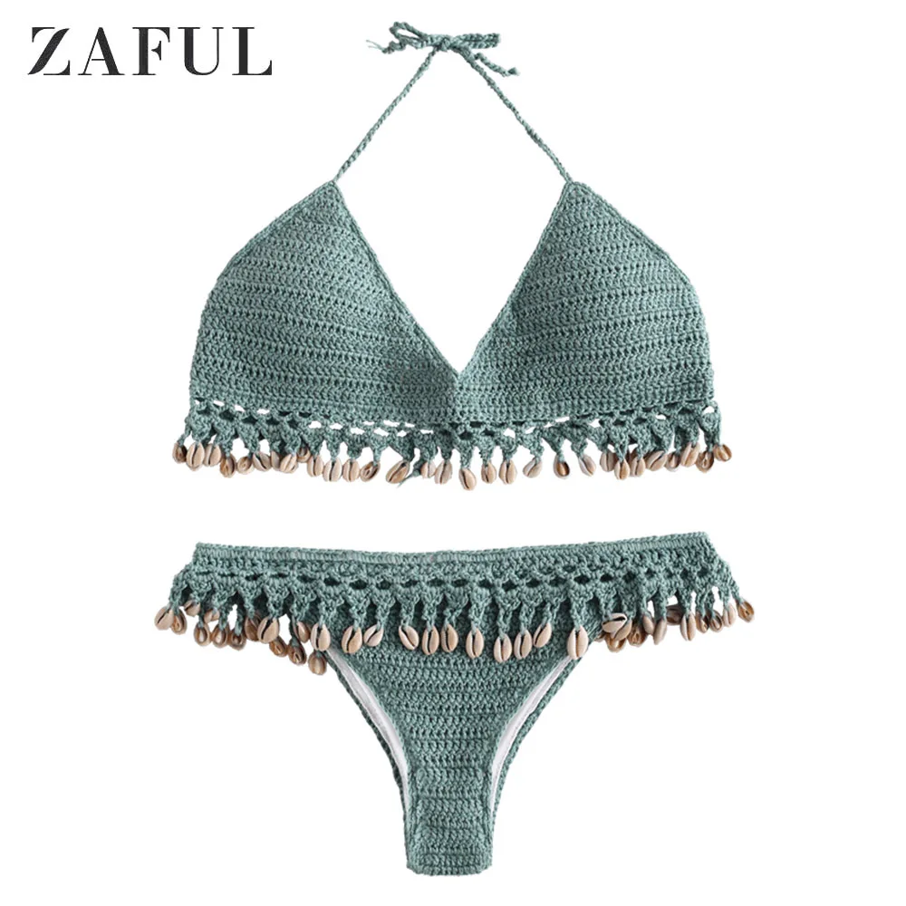 ZAFUL кроше ракушки кисточки сексуальный комплект бикини бразильский купальник для женщин Бахромой Холтер Купальники на бретельках бикини Топ Купальники