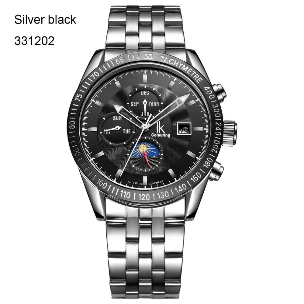 Ikcoloring мужские наручные часы Moon Phase Дата Неделя Месяц автоматические механические браслет из нержавеющей стали мужские спортивные часы - Цвет: Silver black