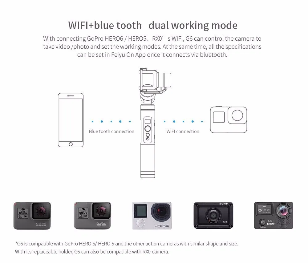 FeiyuTech Feiyu G6 Gimbal Wifi + синий зуб OLED экран угол высоты для Gopro Hero 7 6 5 4 Session Sony RX0 Yi Cam