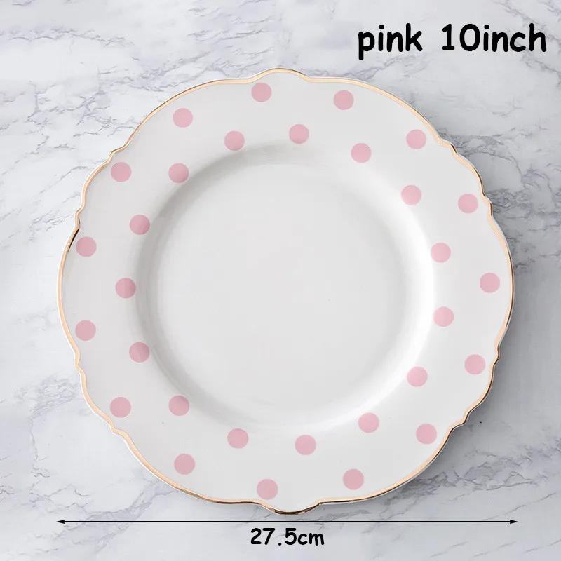 Pink flat 10inch 10 дюймов лоток для еды с золотым краем набор посуды в горошек набор тарелок для супа блюда для бифштекса плоская тарелка в форме цветка посуда для завтрака - Цвет: Pink flat 10inch