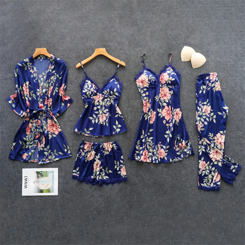 

Navy Blue Womens 5PC Strap Top Pants Suit Pajamas Sleepwear Sets Spring Autumn Home Wear Nightwear Kimono Robe Bath Gown M-XXL