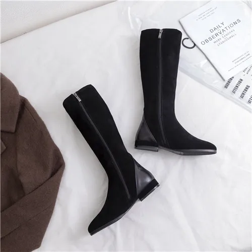 black 2cm heel Женские зимние сапоги до колена из натуральной замши теплые плюшевые высокие сапоги на плоской подошве для холодной погоды женская обувь для отдыха размера плюс - Цвет: black 2cm heel