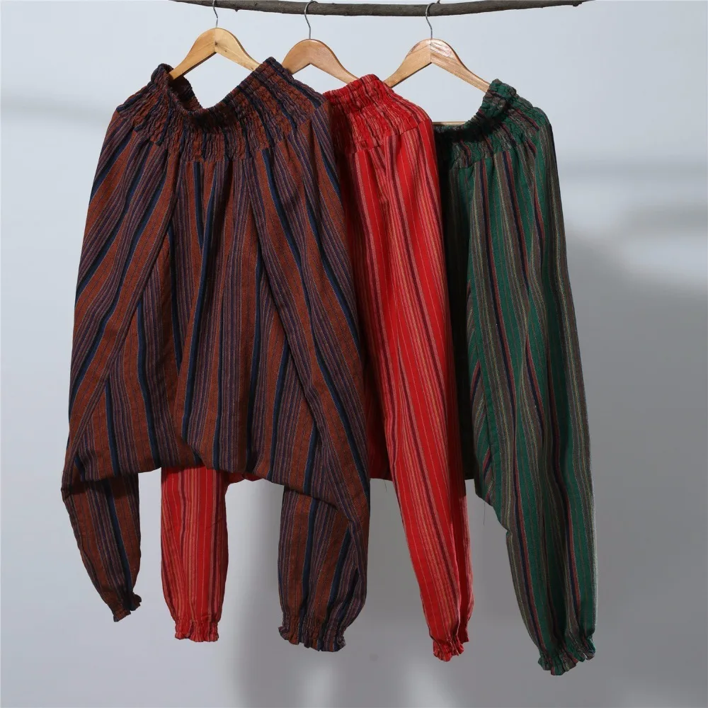 Men Stripe Linen Pants India Nepal Pattern Cotton Trousers Man Big crotch Pant Elastic Waist Leisure Yoga Harem Pants|yoga trousers|harem yoga