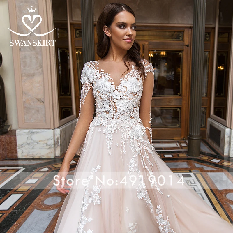 Swanskirt прекрасные Аппликации v-образным вырезом Свадебное платье Винтажное с длинным рукавом ТРАПЕЦИЕВИДНОЕ платье для невесты принцессы размера плюс F144
