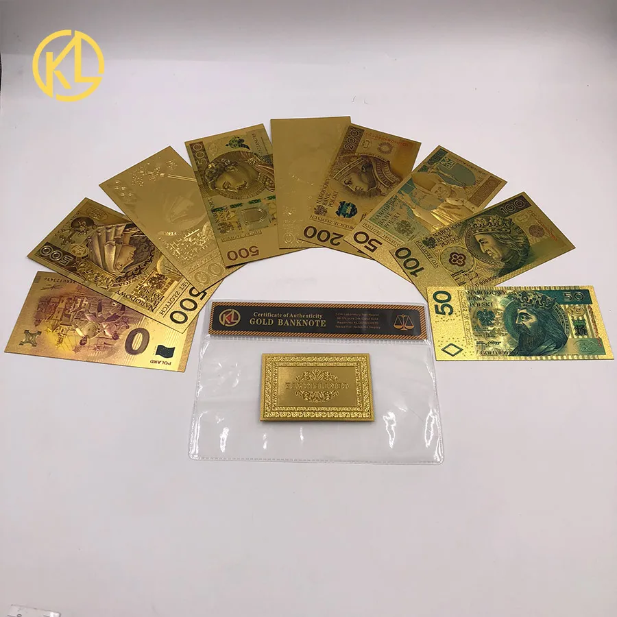 9 шт./лот золотые банкноты Польша банкнот Набор 50 100 200 500 злотых Польша банкнота из фольги лучшие подарки из чистого золота "COA" для сбора - Цвет: Светло-зеленый