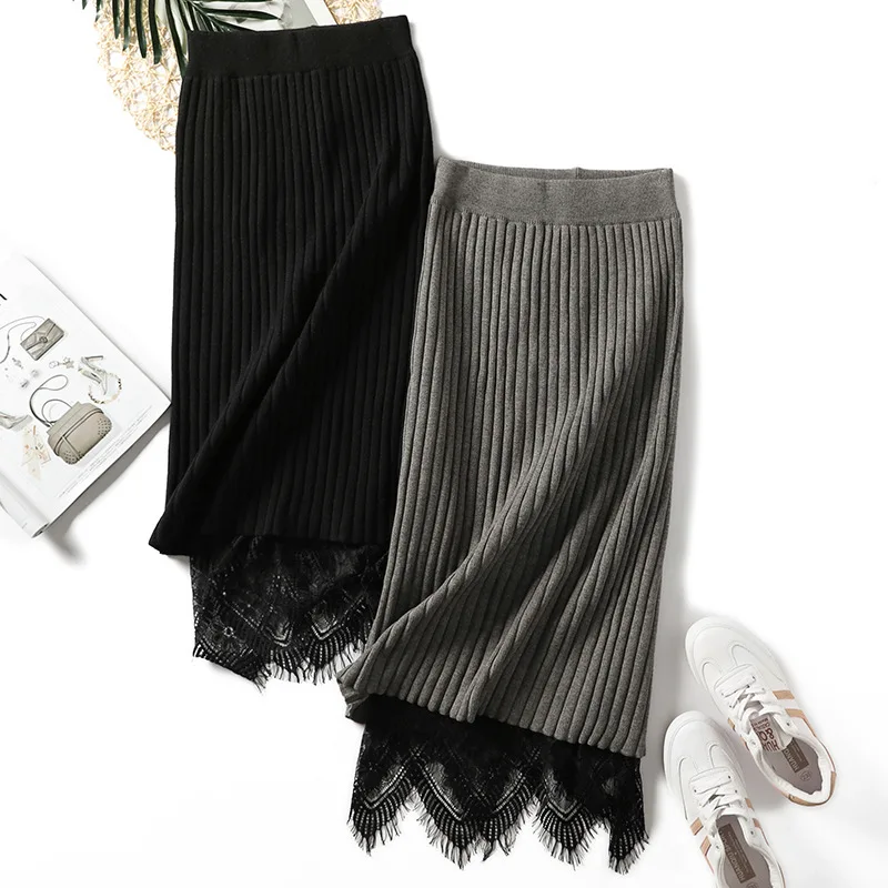 

New 2019 Korean Womens Sexy Midi Skirts Spring Summer Female Knitted High Waist Lace Patchwork Long Skirt faldas mujer moda