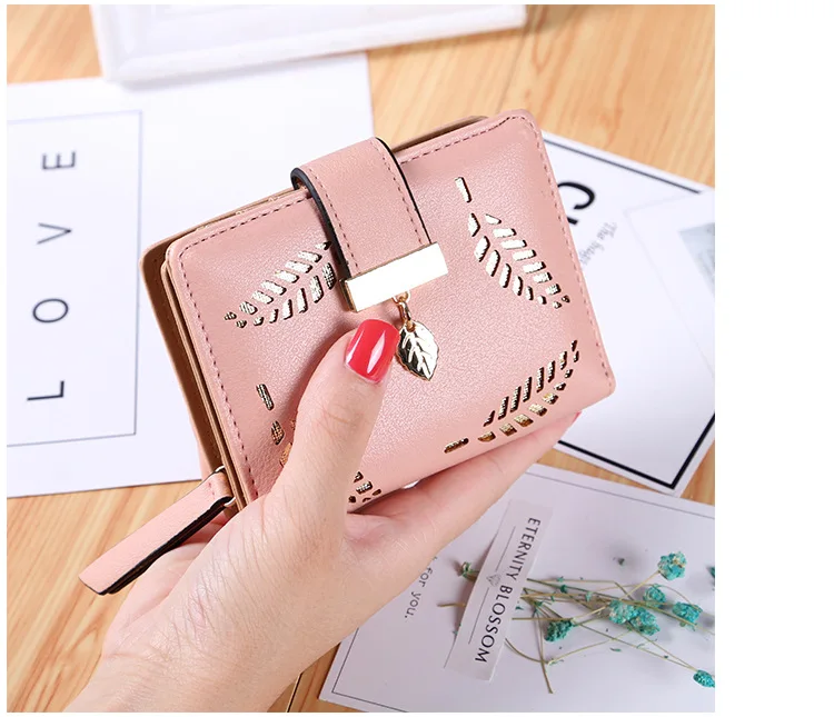 New Women Wallets Short Wallet Ladies Zipper Buckle Hollow Leaf Purse Wallet Female Women Zipper Purse Card Holder Cartera Mujer