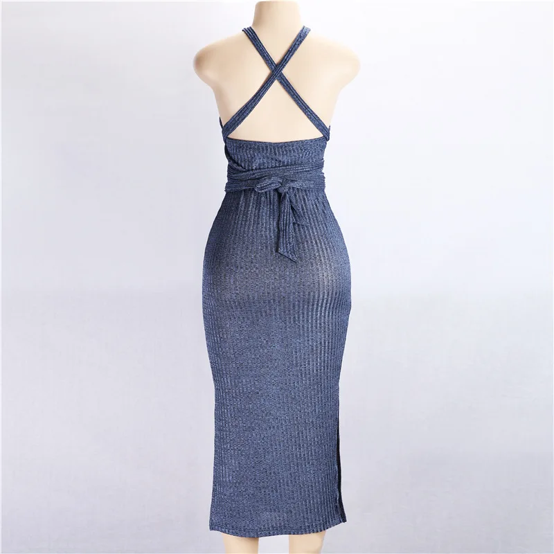 Elegant Lake Blue Cocktail Women Long Knitting Dress 2018 Autumn Sexy Slim Bodycon Bandage Dresses Party Vintage | Женская одежда